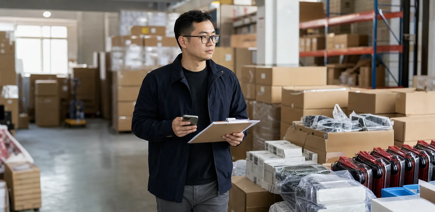 Agent Huang onsite in a warehouse with cartons and inspection clipboard