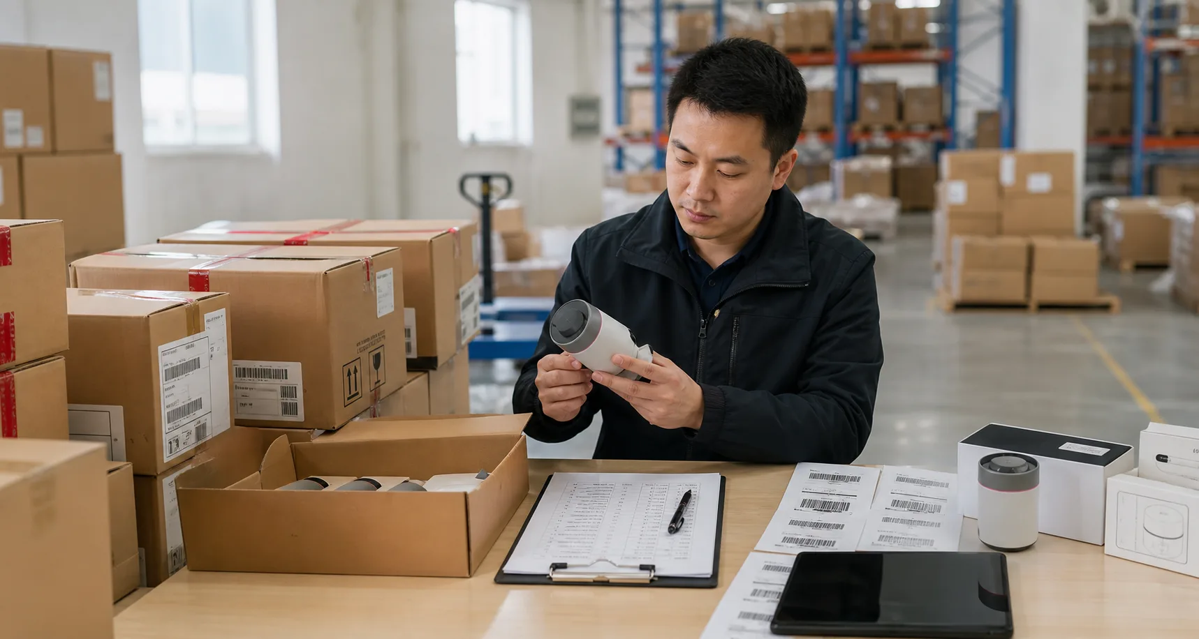 Agent Huang checking products and shipment labels in a warehouse