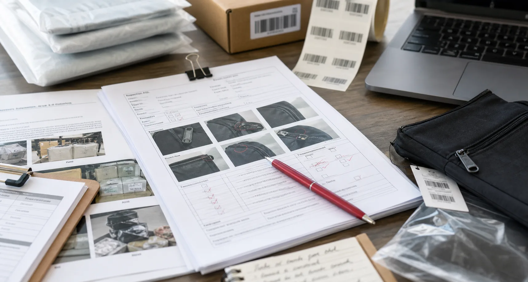 Inspection report pages with defect photos, checklist, barcode labels, and red pen